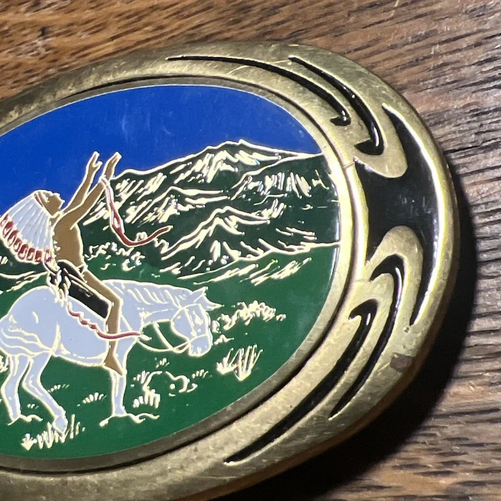 Vintage NAP Inc 1983 Solid Brass Native American Horse Mountain Belt Buckle F09